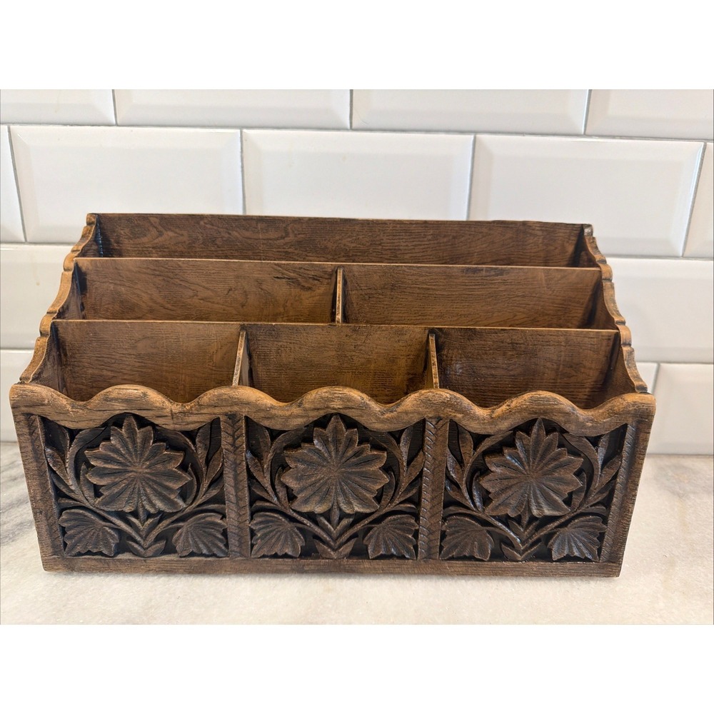 Vintage Lerner Faux Carved Wood‎ Letter Mail Holder Storage Organizer Desk Caddy